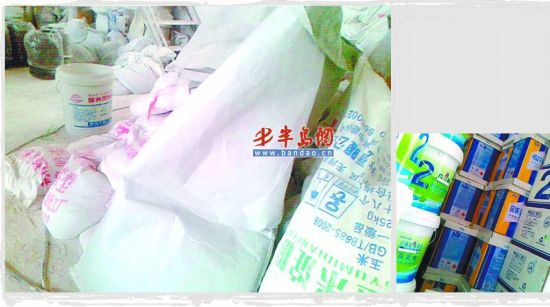 小老板承認這些淀粉就是加到他們生產的乳膠漆。右圖：市場上常見的品牌白乳膠。