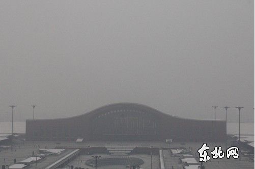 15日14時，哈市南崗區西客站上空，能見度較差。東北網記者 張強 攝